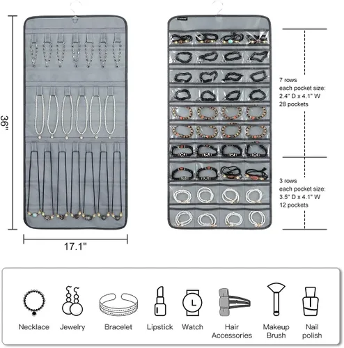 Miniatura 2 de Organizador de joyas colgante de doble cara con 40 bolsillos y 20 bucles de gancho, organizador de joyas para aretes, pulseras, anillos con colgador