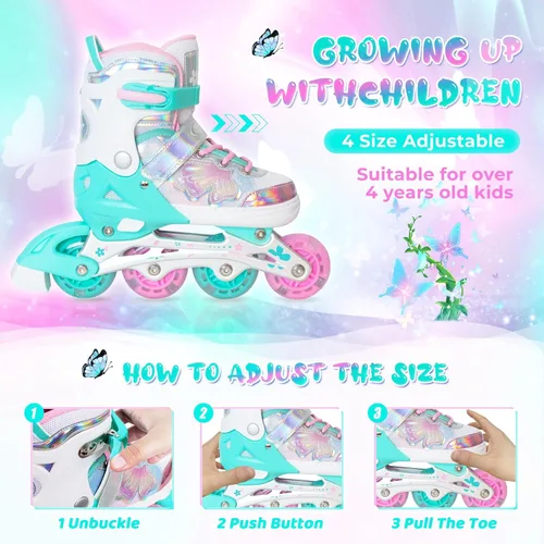 Miniatura 2 de MammyGol Patines en línea para niñas y niños, 4 tamaños ajustables, patines de mariposa con ruedas intermitentes de colores vibrantes, patines
