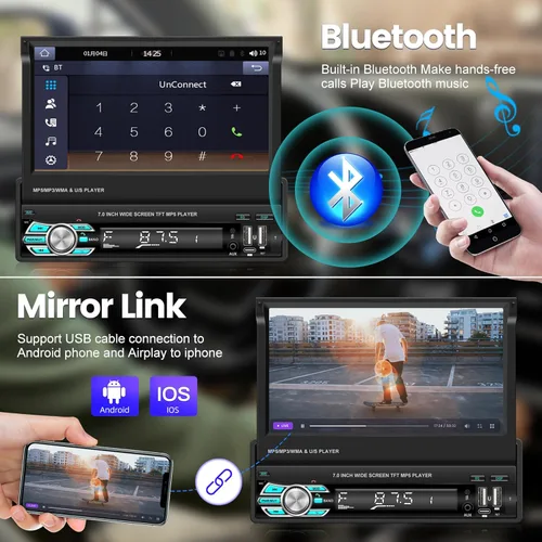 Miniatura 5 de Radio de coche de un solo DIN con Bluetooth, Carplay inalámbrico y Android Auto, pantalla abatible de 7 pulgadas, soporte estéreo retráctil