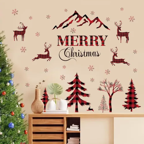Miniatura 4 de Adhesivo de pared de Navidad - Árbol de bufalo de cuadro rojo y negro, pegatinas de ventana de venado, nieve removible para decoración del hogar
