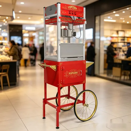 Miniatura 16 de Máquina de palomitas de maíz de estilo vintage de 8 onzas – Máquina de aperitivos con hervidor de acero inoxidable, carrito retro vintage y ruedas