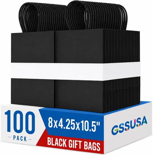 Miniatura 18 de GSSUSA Bolsas de papel negras de 8 x 4.25 x 10.5 pulgadas, 20 unidades, bolsa de papel de regalo con asas a granel, regalo de graduación, papel