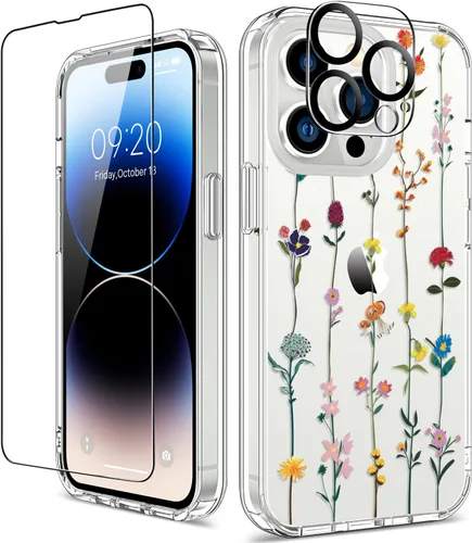 Miniatura 40 de Funda para iPhone 14 Pro con protector de pantalla, 6.1 pulgadas, transparente de cuerpo completo, a prueba de golpes, diseño floral, para niñas