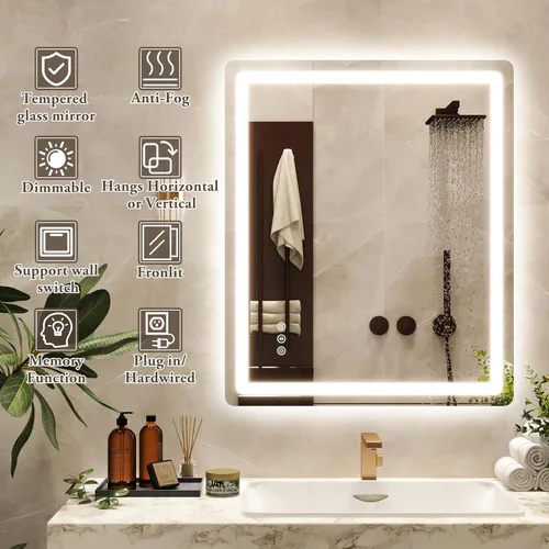 Miniatura 2 de 48x24 Inch LED Bathroom Mirror with Lights, Anti-Fog 3-Color Dimmable Memory Touch Control, Waterproof HD Tempered Glass, Wall Mounted Vanity Mirror