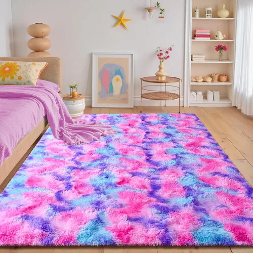 Miniatura 26 de JUNOVO - Alfombra de área lavable, antideslizante, alfombras ultra suaves de 4 x 5.3 pies, alfombras esponjosas para dormitorio, niños, niñas, Azul