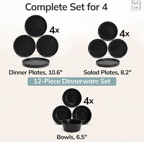 Miniatura 6 de Juego de vajilla de gres para 4 personas 12 piezas – Juego de platos y cuencos negros mate – Apto para lavavajillas, microondas y resistente a