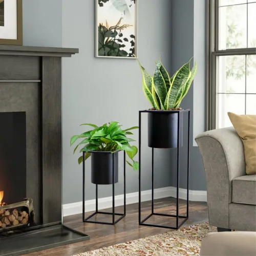 Miniatura 6 de TRIROCKS Juego de 2 macetas grandes de metal con soporte para plantas de interior de 28 y 18 pulgadas de alto para sala de estar, esquina, cocina