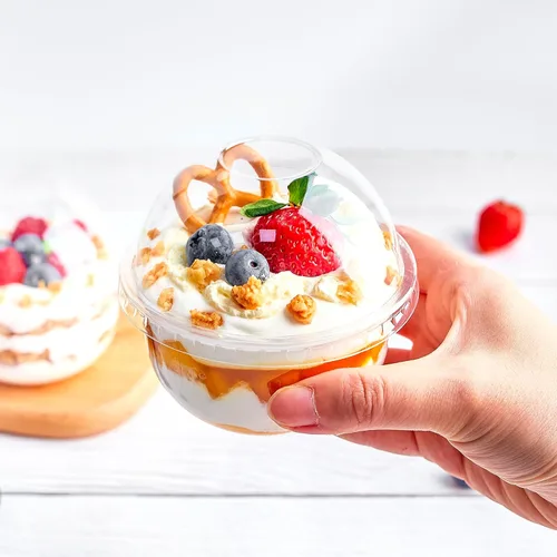 Miniatura 6 de Zezzxu Paquete de 50 vasos de postre de plástico de 9 onzas con tapas de cúpula (sin agujero) y tenedores, vasos desechables para frutas, helados