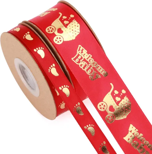 Miniatura 9 de Meseey 2 rollos en total de 20 yardas de cinta de bienvenida para bebé, cintas negras y doradas con estampado de pies para manualidades, pasteles