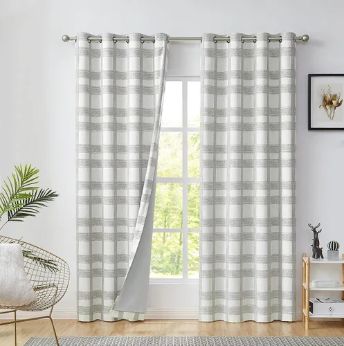 Miniatura 12 de Central Park Cortina opaca a cuadros blancos y grises para ventana, panel geométrico para dormitorio, sala de estar, con ojales en la parte