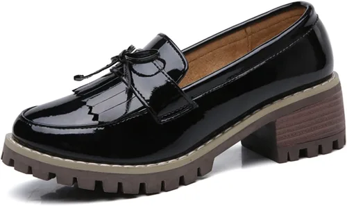 DADAWEN Mocasines para mujer, plataforma con borlas, mocasines de tacón grueso para mujer, elegantes y para el trabajo, zapatos casuales de negocios