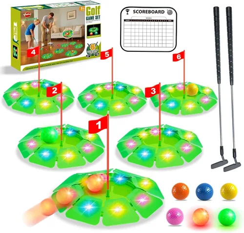 Miniatura 10 de Juego de golf iluminado VATOS - Mini juguete de golf con brillo con 4 agujeros LED, 4 bolas (2 brillantes), putter extensible, construye tu propio