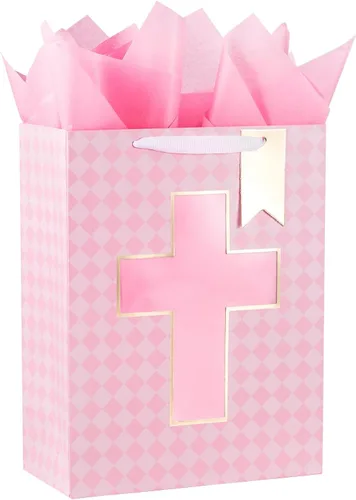 Miniatura 10 de Loveinside Bolsa de regalo azul, bolsa de regalo con diseño de cruz religiosa y puntos con papel de seda, etiqueta para bautismos de bebé, baby