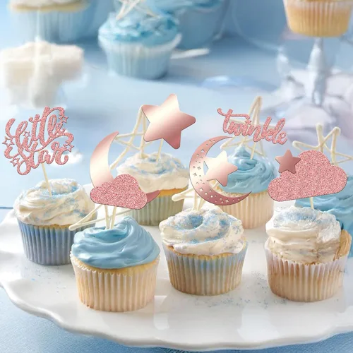 Miniatura 4 de Gyufise 24 piezas de decoración de cupcakes con purpurina de luna, nube, decoración de tartas de estrellas parpadeantes, baby shower, niños, Oro