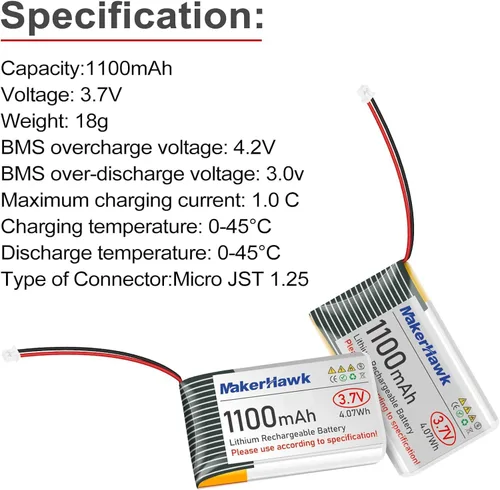 Miniatura 3 de MakerHawk Batería LiPo de 3.7 V 1100 mAh 102540 recargable 1S batería de polímero de litio con placa de protección, cinta de goma aislada, enchufe