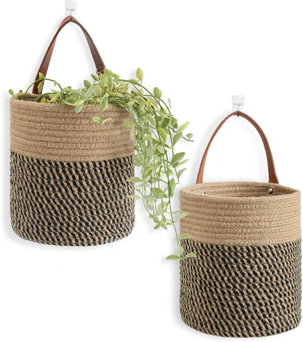 Miniatura 10 de Goodpick Paquete de 2 cestas colgantes de yute - Cesta tejida pequeña de helecho colgante con cuerda, cesta de pared para plantas de flores, juego