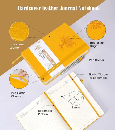 Miniatura 4 de Cuaderno rayado, 365 páginas B5 para escritura, cuaderno rayado para la universidad, cuaderno de cuero con tapa dura para mujeres y hombres, Amarillo