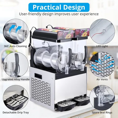 Miniatura 3 de Máquina comercial de granizado Máquina de bebidas congeladas, doble tanque 12l 700w acero inoxidable, Margarita Wine Slush Smoothies Maker para Negro