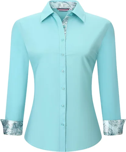 Miniatura 14 de WARHORSEE Blusas de vestir de manga larga con botones de algodón para mujer, blusas de trabajo elegantes de fácil cuidado, blusas casuales