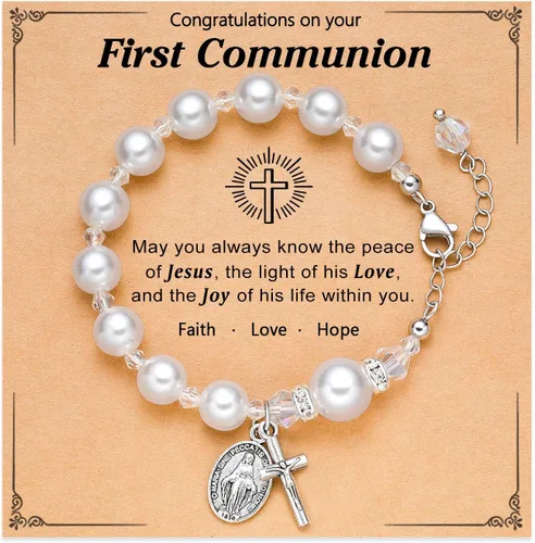 Miniatura 8 de UNGENT THEM Pulsera de perlas con cruz de rosario, bautismo, comunión, confirmación católica, regalos de Pascua para niñas, nieta, hija, sobrina