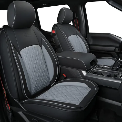 LUCKYMAN CLUB Juego completo de fundas de asiento F150 Q7, para Ford F150 2015-2023 y F250 F350 F450 2017-2023 (juego completo, negro-gris)