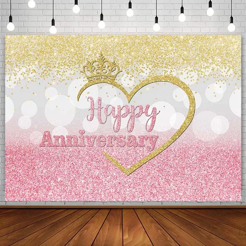 Sendy Telón de fondo de feliz aniversario para parejas de 1 a 10 años 50 años, decoración de fiesta de boda, corona de fondo rosa, plateado y dorado
