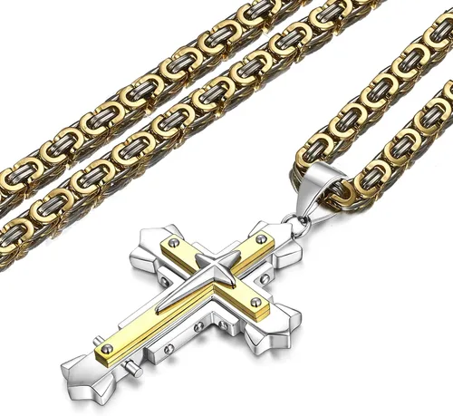 Miniatura 2 de Collar con colgante de cruz de Jesucristo grande de acero inoxidable, joyería religiosa para hombres, cadena de 24 pulgadas, color plataoronegro