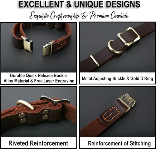 Miniatura 4 de Collar de cuero personalizado para mascotas, collar de perro personalizado con placa de identificación grabable, collar transpirable con hebilla
