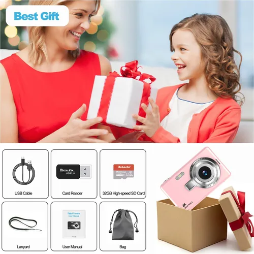 Miniatura 7 de Cámara digital, enfoque automático UHD 4K 50MP cámara de vlogging para fotografía con tarjeta SD de 32 GB, zoom 16X, antivibración, cámaras Rosa