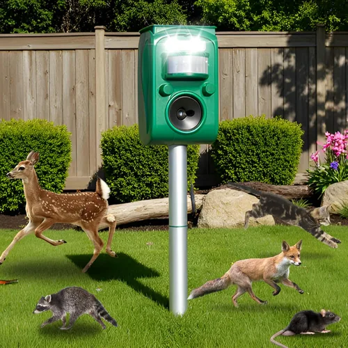 Repelente solar ultrasónico de animales al aire libre, disuasorio de ardillas para gatos, perros y ciervos activado por movimiento, con luz