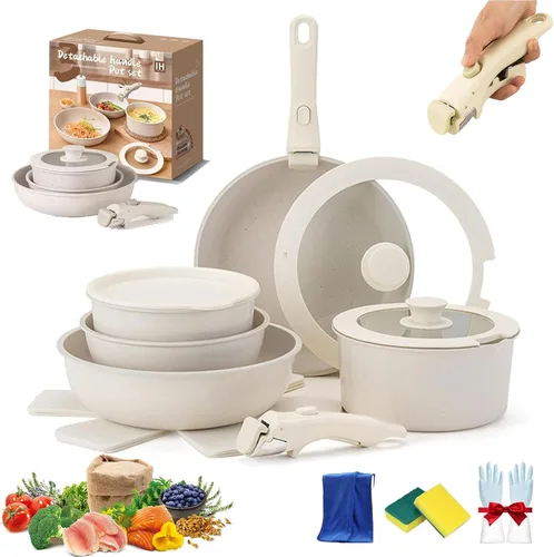 Gourmetific - Juego de utensilios de cocina, sartenes antiadherentes y ollas 9/12/17 unidades, sartenes con asas extraíbles, juego de ollas y