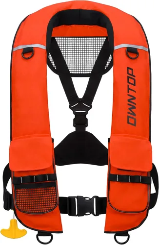 Miniatura 10 de Owntop Chaqueta de natación inflable para adultos, convertible automática/manual, cuello de neopreno, bolsillos grandes con solapa y trabillas
