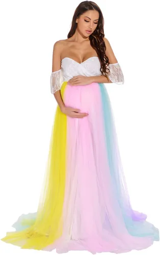 ZIUMUDY Vestido de tul de maternidad arcoíris para sesión de fotos, vestido de tutú de maternidad, vestido de baby shower, vestido de dama de honor