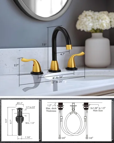 Miniatura 7 de ARCORA Grifo de lavabo de baño de 3 agujeros, grifo de baño de 8 pulgadas, grifo de tocador de 2 manijas con drenaje desplegable y líneas de Negro