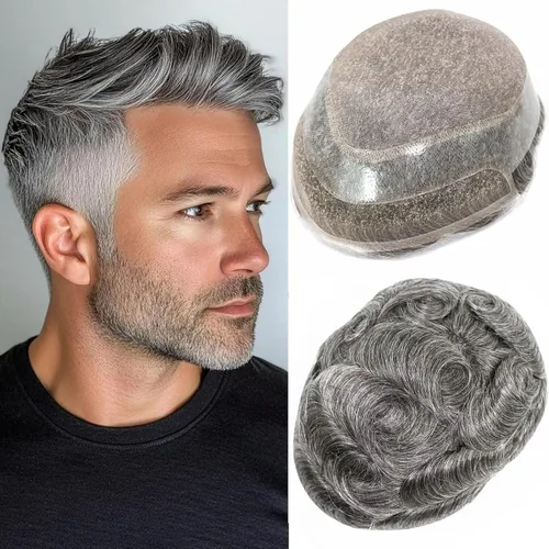 Miniatura 8 de HAPPY&CC Toupee - Piezas de cabello humano con encaje frontal suizo para hombre, parte superior fina mono con poliuretano alrededor de sistema de #1B