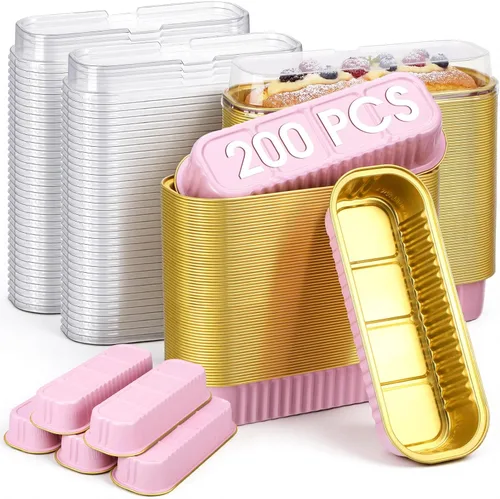 Miniatura 9 de Qunclay 200 mini moldes de papel de aluminio con tapas, 6.8 onzas, mini molde desechable para pasteles con tapa, tazas rectangulares para hornear