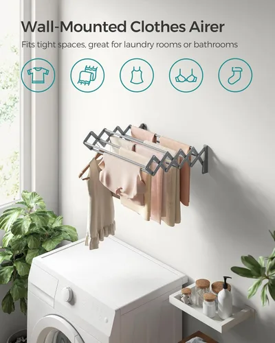 Miniatura 3 de SONGMICS Estante de Secado de Ropa, Estante de Secado de Ropa Montado en la Pared, Pequeño Estante de Ropa Acordeón, 9 Varillas Colgantes Gris paloma