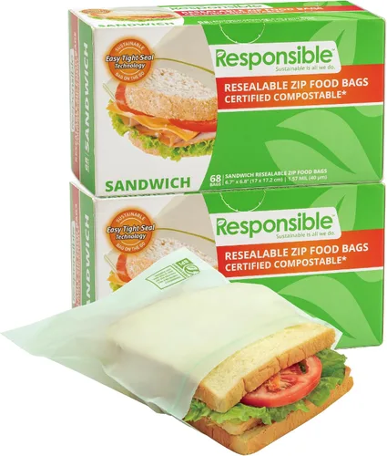 Miniatura 6 de Responsible Products Bolsa con cremallera resellable de gran galón compostable certificada, bolsas de alimentos extra resistentes, hechas