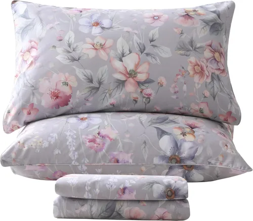 Miniatura 8 de QSH Juego de sábanas tamaño King con estampado floral - Estampado botánico de flores verdes, pájaros y mariposas, ropa de cama de algodón egipcio