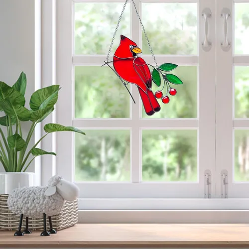 Miniatura 7 de Adornos de pájaros rojos, atrapasoles de vitral, colgante de vitrales cardenales, decoración cardenal para inauguración de la casa, regalos