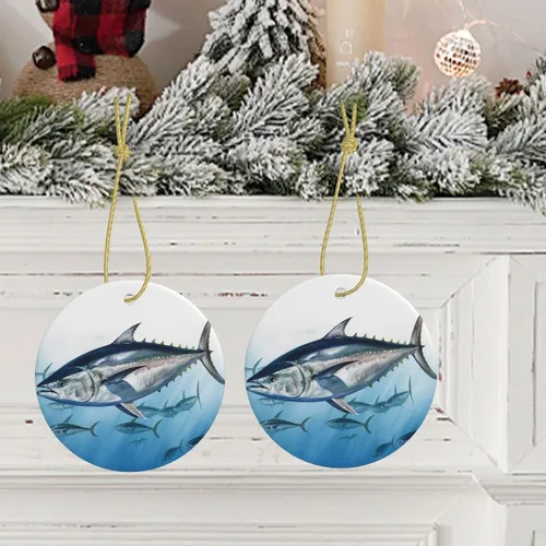 Miniatura 9 de Adorno de Navidad con estampado de atún azul, adorno redondo de Navidad, adornos colgantes para árbol de Navidad, hogar, fiesta, vacaciones