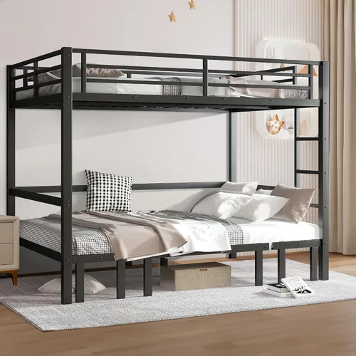 Miniatura 8 de Cama tipo loft de tamaño matrimonial con escaleras de almacenamiento integradas, armario, marco de cama alta de metal con barandilla lateral