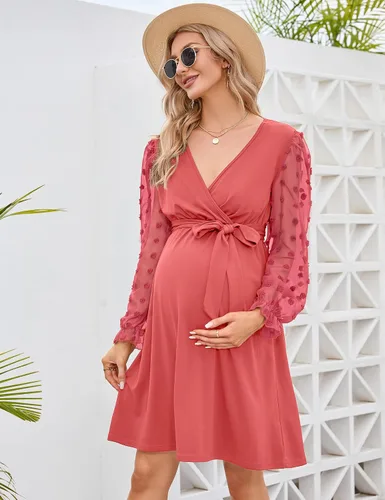 Miniatura 4 de Vestido de maternidad de manga larga con lunares suizos, cuello en V, para otoño, casual, bohemio, vestido midi para baby shower, sesión de fotos