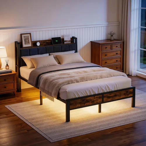 Miniatura 8 de Liians Base de cama LED de tamaño matrimonial con estación de carga y cabecera de almacenamiento, plataforma de metal, no necesita somier, fácil
