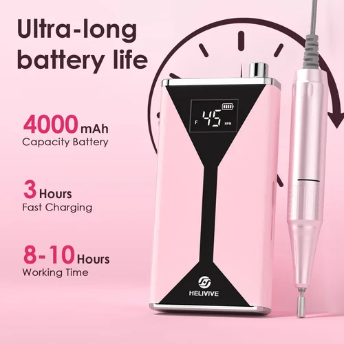 Miniatura 3 de Taladro de uñas eléctrico profesional de 45000 RPM (portátil y recargable) (con 11 brocas), máquina de lima de uñas inalámbrica para dar