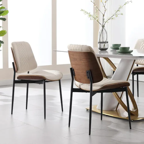 Miniatura 4 de BV - Juego de 2 sillas de comedor, sillas de cocina sin brazos de piel sintética en estilo moderno de nogal, silla auxiliar de madera curvada