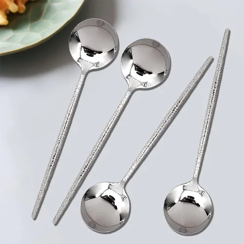 Miniatura 4 de Cuchara de sopa martillada de acero inoxidable, cuchara coreana de mango redondo largo, 4 cucharas martilladas de acero, 8 pulgadas.