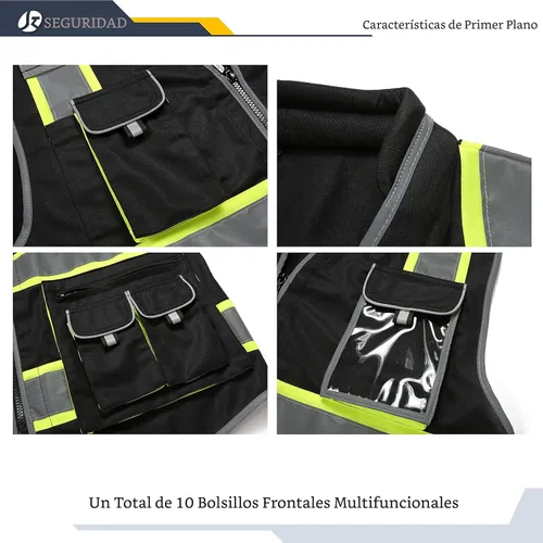 Miniatura 2 de JKSafety Chaleco de Seguridad Negro de Alta Visibilidad con Cremallera Frontal de 10 Bolsillos Cuello Acolchado Cintas Altamente Reflectantes