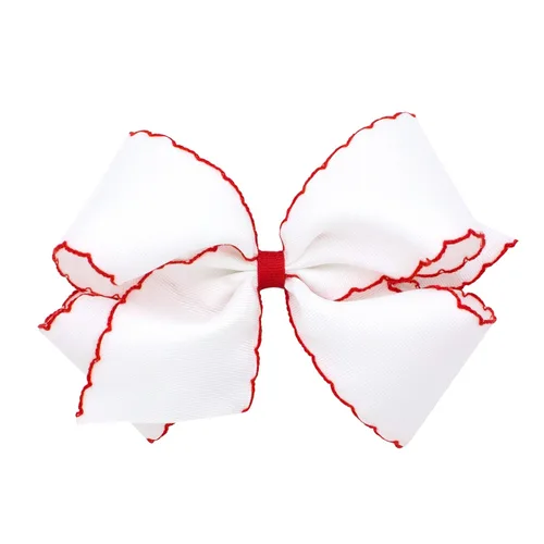 Miniatura 4 de Wee Ones - Lazo clásico de grogrén con borde de puntadas lunares para niñas, con clip para cabello WeeStay, borde en contraste, King, blanco