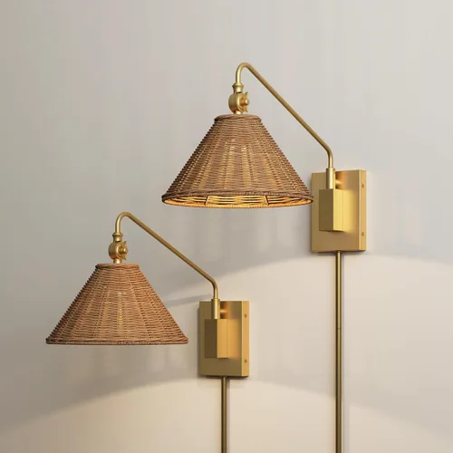 Miniatura 9 de Nathan James Celeste - Lámpara de pared de ratán, moderna lámpara de pared para casa de campo, lámpara de lectura para mesita de noche con pantalla